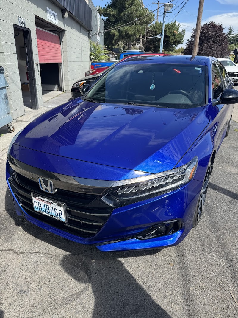 Before and after collision repair on a sedan's rear quarter panel