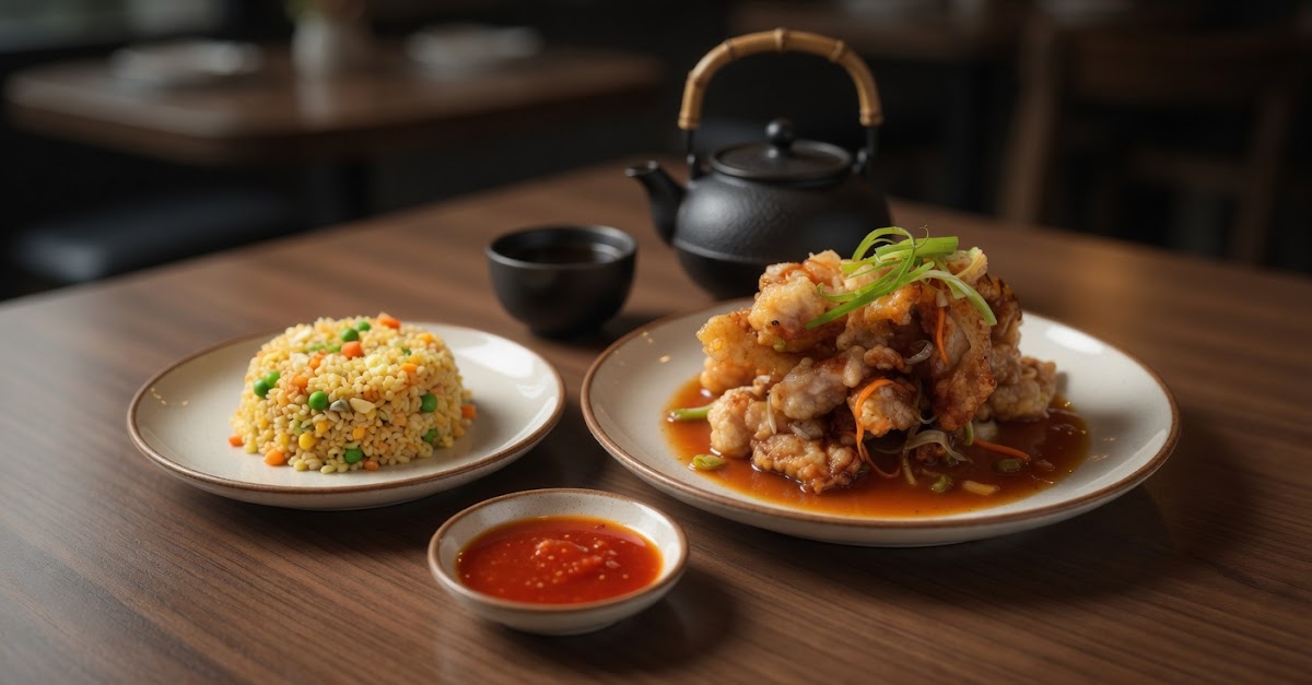 Sweet and sour chicken with fried rice, chili sauce, and a teapot on a wooden table.