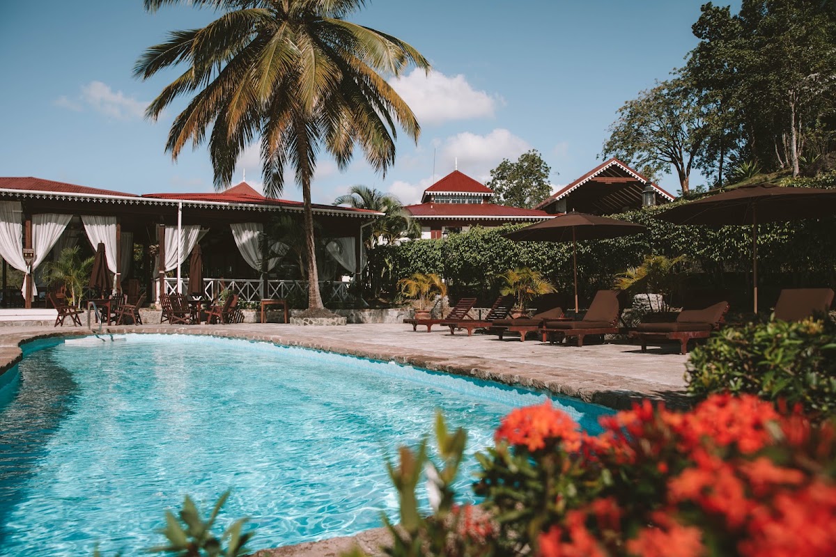 Pool deck at Ti Kaye Resort & Spa with turquoise water, red-roofed buildings, palm trees, and red flowers in foreground.