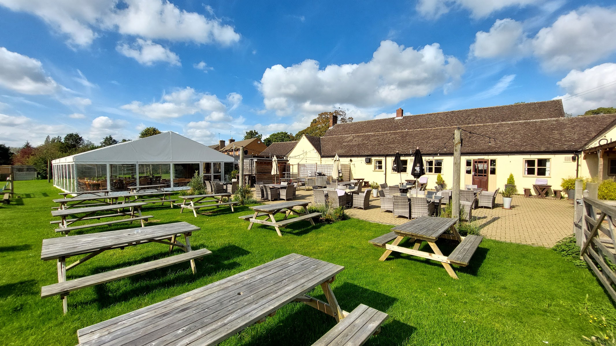 Beer garden with picnic tables at The Old Crown