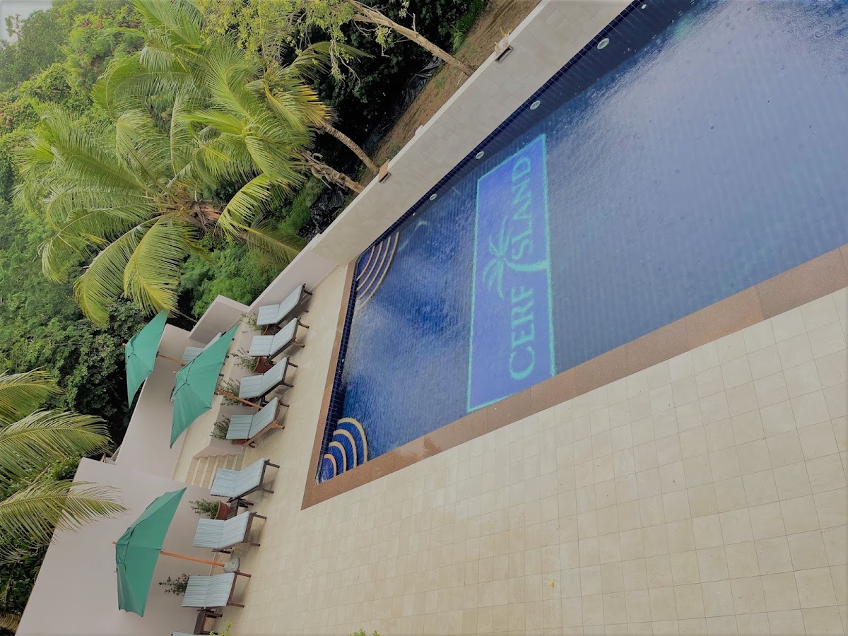 Overhead view of Cerf Island Resort's pool with turquoise umbrellas shading loungers, palm trees visible at the deck edge.