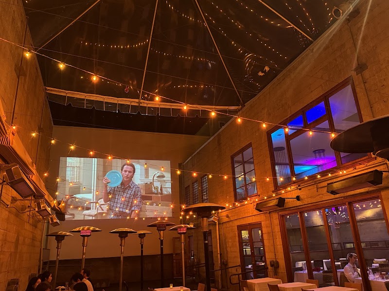 Outdoor courtyard with classic film screenings