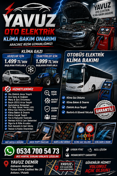 Yavuz oto elektrik Klima Bakım Onarımı Ağır vasıta Otobüs Travego 7/24 Yol Hizmetiyle elektrik işleriniz Yapılır - Oto Servisi - Polatli