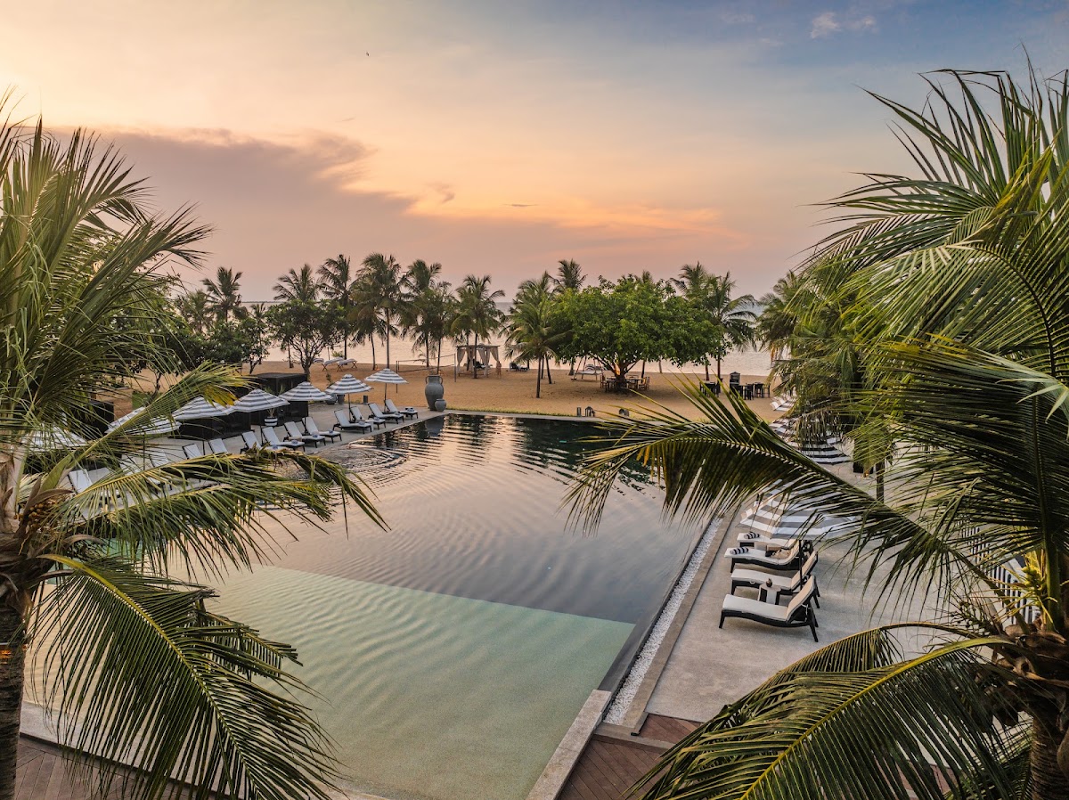 Palm fronds frame a lagoon-style pool overlooking a beach lined with loungers at sunset, with palm trees dotting the sand beyond.