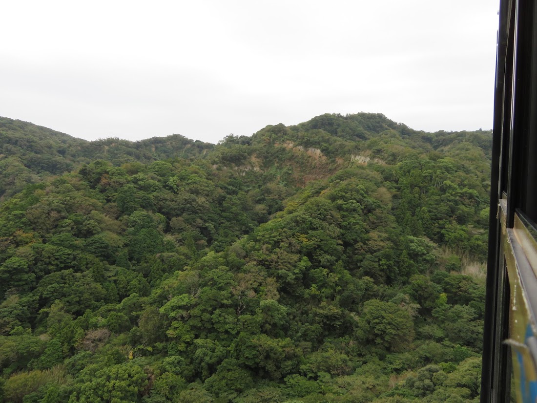 Nihondaira Ropeway gondola crossing the wooded gorge toward Kunozan
