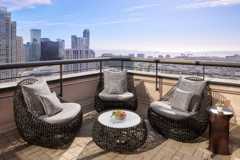 Rooftop lounge with city and bay views