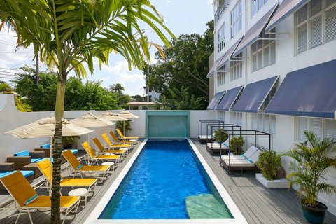 Narrow lap pool with bright blue water flanked by yellow lounge chairs and palm trees at Waves Resort & Spa Barbados.